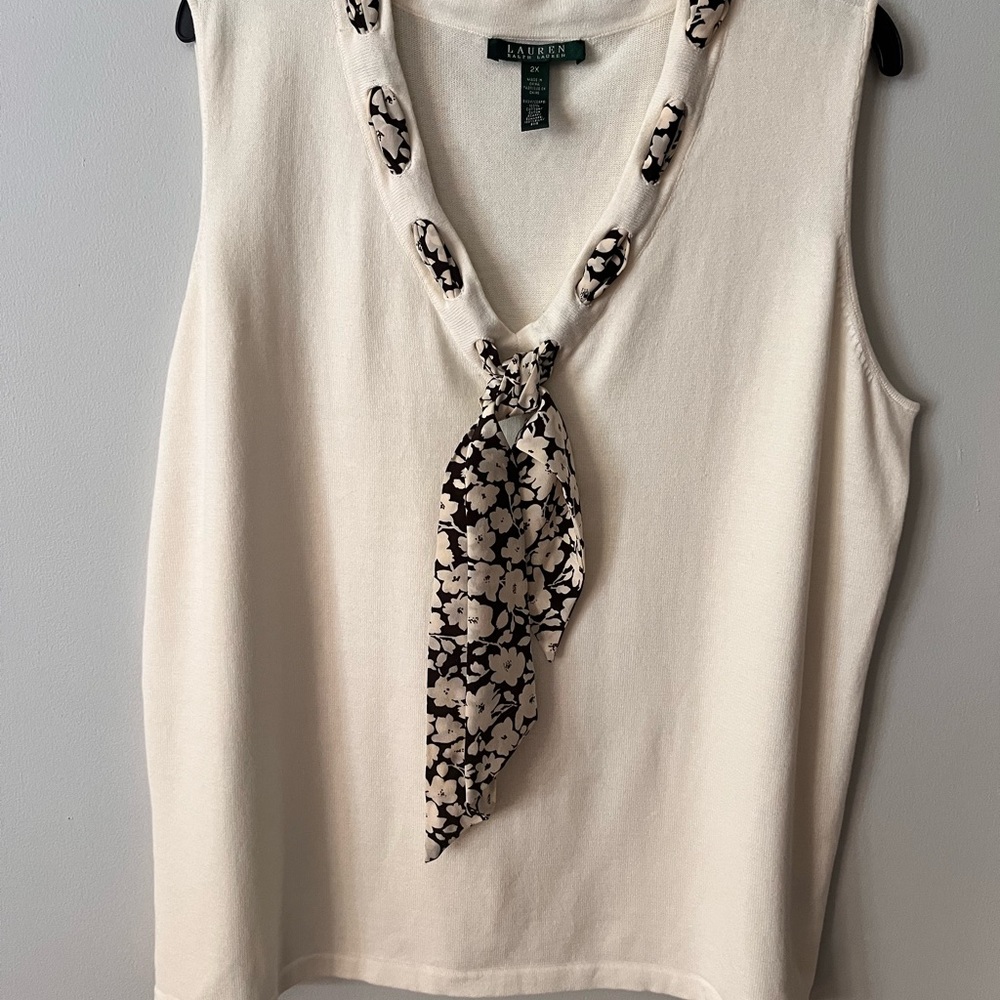 Lauren Ralph Lauren V-neck Short Sleeve Cotton Sweater w/ Silk Tie Size 2x